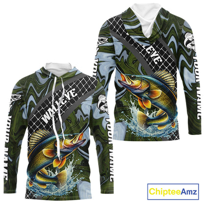 Walleye Hooded Fishing Shirt Long Sleeve Abstract Green Camo Performance Jersey For Men NHT923