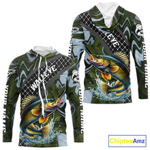 Load image into Gallery viewer, Walleye Hooded Fishing Shirt Long Sleeve Abstract Green Camo Performance Jersey For Men NHT923