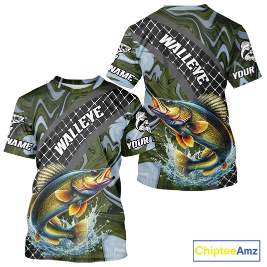 Walleye Short Sleeve Fishing T-Shirt Abstract Green Camo Performance Jersey For Men NHT923