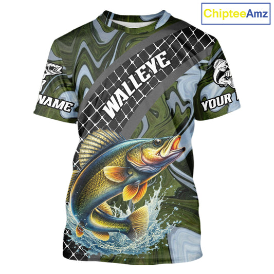 Walleye Short Sleeve Fishing T-Shirt Abstract Green Camo Performance Jersey For Men NHT923