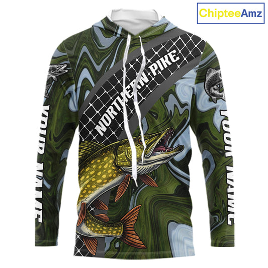 Northern Pike Hooded Fishing Shirt Long Sleeve Abstract Green Camo Performance Jersey For Men NHT925