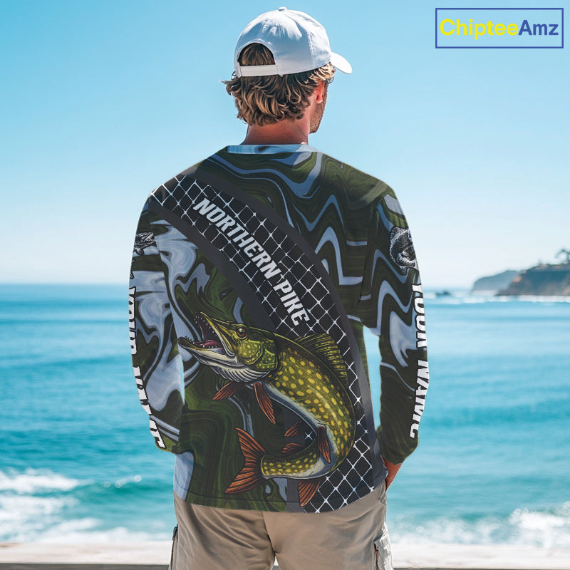 Northern Pike Fishing Shirts Long Sleeve Abstract Green Camo Performance Jersey For Men NHT925