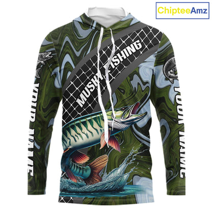Northern Musky Hooded Fishing Shirt Long Sleeve Abstract Green Camo Performance Jersey For Men NHT926