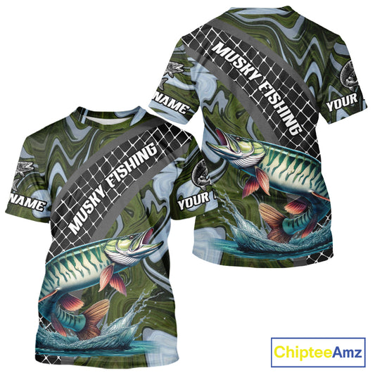 Northern Musky Short Sleeve Fishing T-Shirt Abstract Green Camo Performance Jersey For Men NHT926