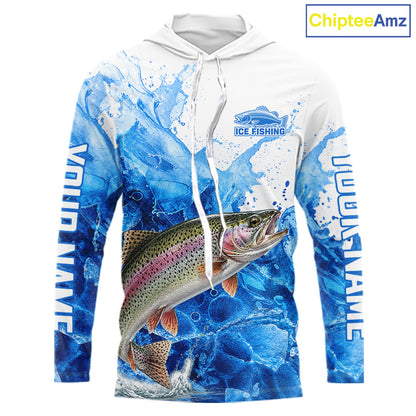 Rainbow Trout Fishing Shirts Hooded, Ice Fishing Long Sleeve Shirt For Men, Rainbow Trout Fishing Apparel NHT1386
