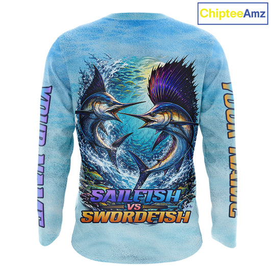 Personalized Sailfish Vs Swordfish Fishing Saltwater Long Sleeve Fishing Shirts NHT419