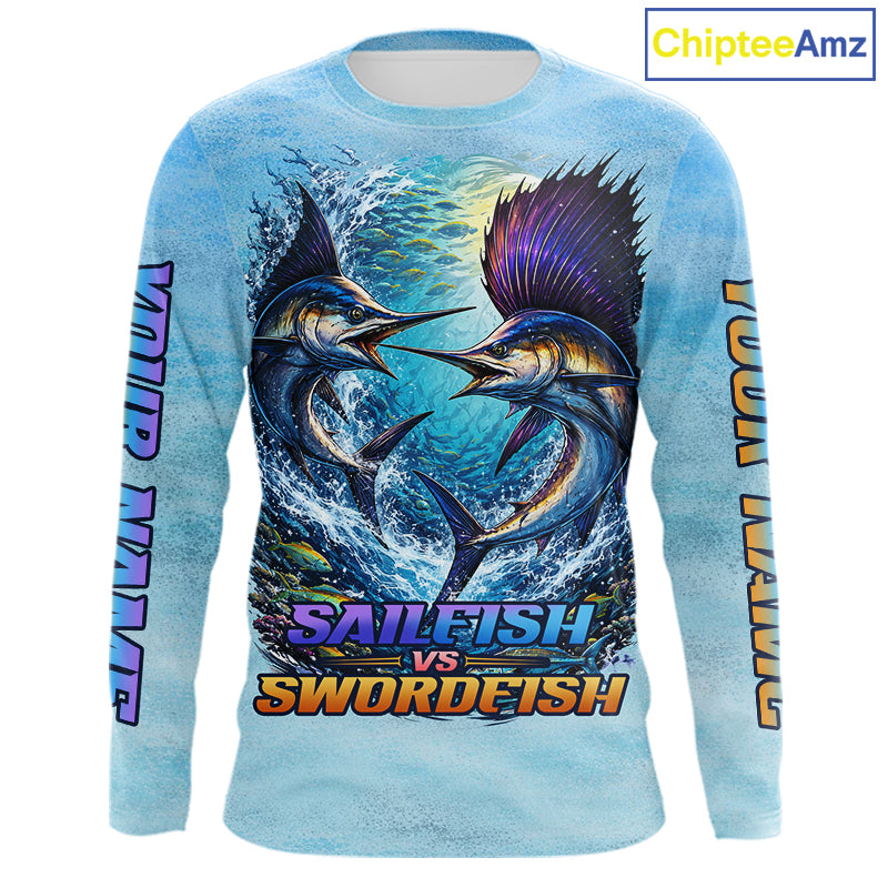 Personalized Sailfish Vs Swordfish Fishing Saltwater Long Sleeve Fishing Shirts NHT419