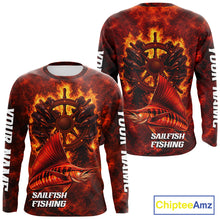 Load image into Gallery viewer, Red Sailfish Fishing Shirts Long Sleeve, Personalized Men's Fishing Shirt NHT421