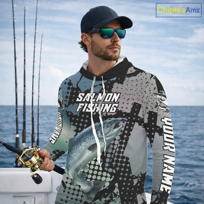 Chinook Salmon Hooded Fishing Shirt Gray Camo Custom Name, Chinook Salmon Fishing Team Jerseys NHT478