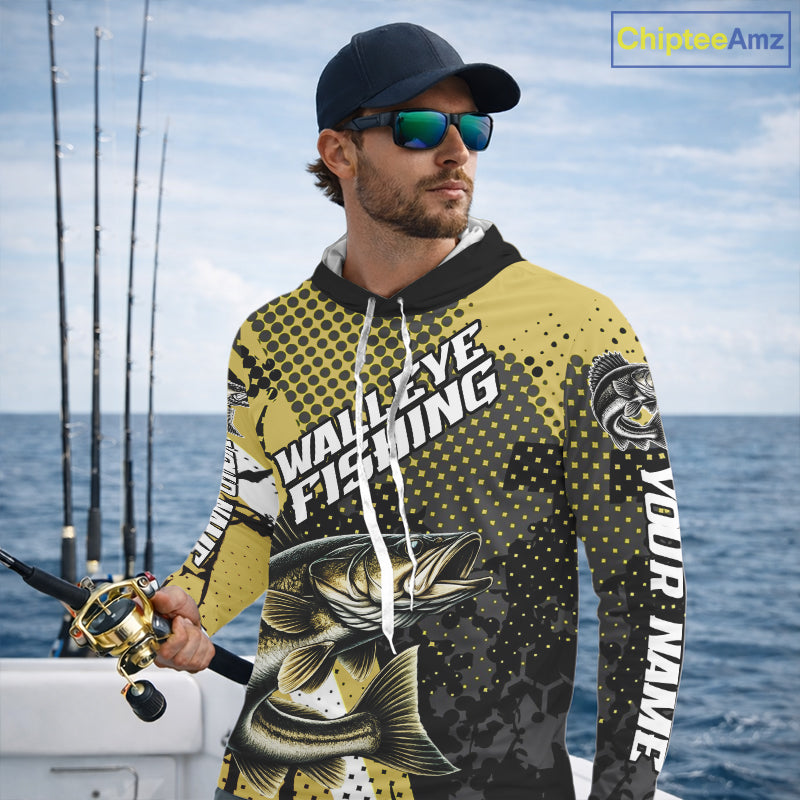 Personalized Walleye Fishing Shirts Long Sleeve Hooded, Yellow Camo Walleye Fishing Shirts NHT483