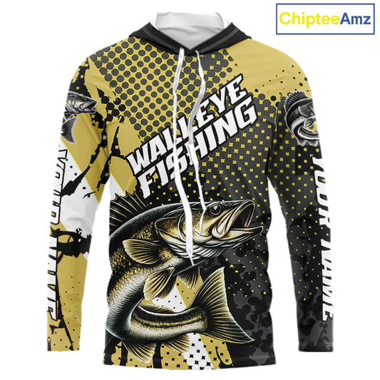 Personalized Walleye Fishing Shirts Long Sleeve Hooded, Yellow Camo Walleye Fishing Shirts NHT483