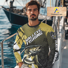 Load image into Gallery viewer, Personalized Walleye Fishing Shirts Long Sleeve, Yellow Camo Walleye Fishing Shirts NHT483