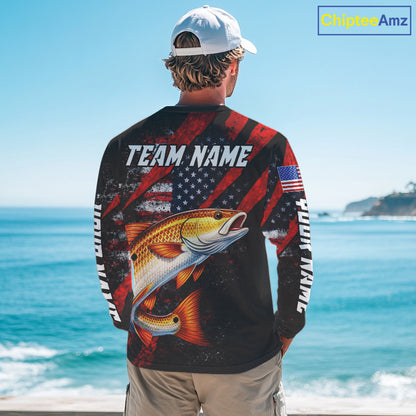 Patriotic Redfish Fishing Jersey, Fishing Shirts Long Sleeve Custom Name For Men NHT485