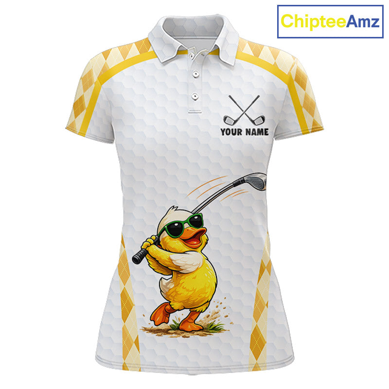 Custom Yellow & White Funny Duck Golf Shirt For Womens, Golf Jersey Argyle Pattern For Womens NHT559