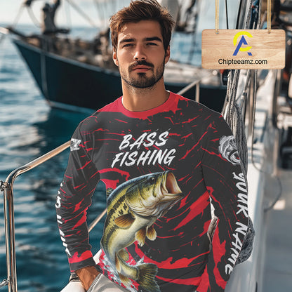 Custom Largemouth Bass Fishing Shirts Long Sleeve – Performance Tournament Jersey For Men| Red NHT769