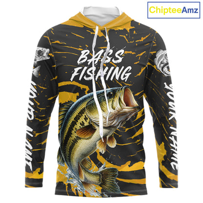 Custom Largemouth Bass Fishing Shirts Long Sleeve Hooded – Performance Tournament Jersey For Men| Yellow NHT770