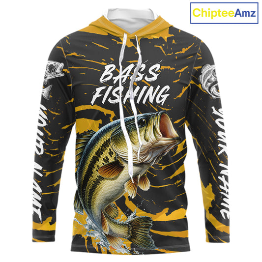 Custom Largemouth Bass Fishing Shirts Long Sleeve Hooded – Performance Tournament Jersey For Men| Yellow NHT770