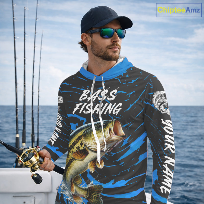 Custom Largemouth Bass Fishing Shirts Long Sleeve Hooded – Performance Tournament Jersey For Men| Blue NHT771