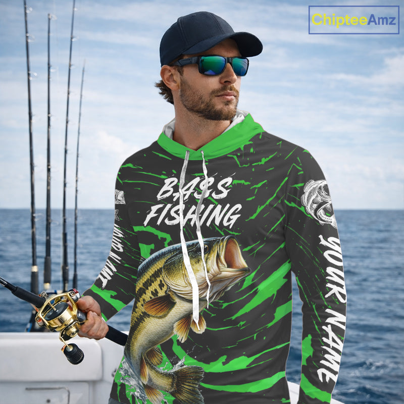 Custom Largemouth Bass Fishing Shirts Long Sleeve Hooded – Performance Tournament Jersey For Men| Green NHT772