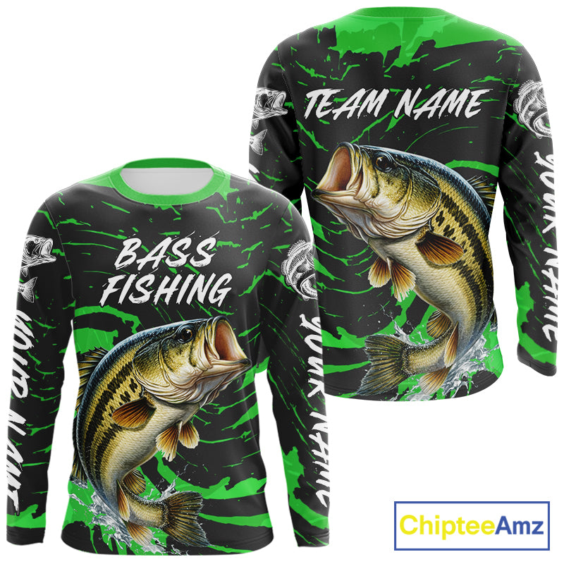 Custom Largemouth Bass Fishing Shirts Long Sleeve – Performance Tournament Jersey For Men| Green NHT772