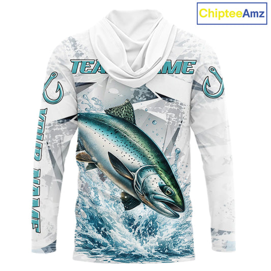 Personalized Chinook Salmon Fishing Jerseys, Salmon Long Sleeve Fishing Shirts Hooded For Men NHT571