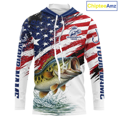 Personalized Patriotic Bass Fishing Shirts Long Sleeve Hooded, American Flag Fishing Jerseys For Men NHT773