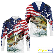 Load image into Gallery viewer, Personalized Patriotic Bass Fishing Shirts Long Sleeve Hooded, American Flag Fishing Jerseys For Men NHT773