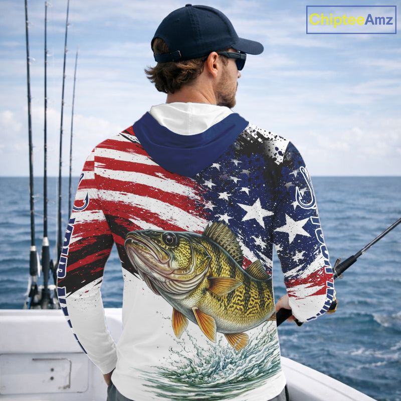 Personalized Patriotic Walleye Fishing Shirts Long Sleeve Hooded , American Flag Fishing Jerseys For Men NHT774