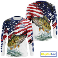 Load image into Gallery viewer, Personalized Patriotic Walleye Fishing Shirts Long Sleeve , American Flag Fishing Jerseys For Men NHT774