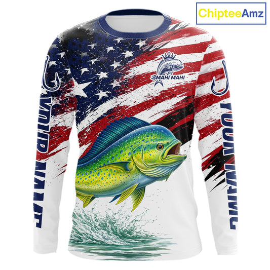 Personalized Patriotic Mahi Mahi( Dorado) Fishing Shirts Long Sleeve, American Flag Fishing Jerseys For Men NHT775