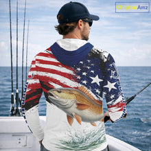 Load image into Gallery viewer, Personalized Patriotic Redfish Fishing Shirts Long Sleeve Hooded, American Flag Fishing Jerseys For Men NHT776