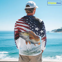 Load image into Gallery viewer, Personalized Patriotic Redfish Fishing Shirts Long Sleeve, American Flag Fishing Jerseys For Men NHT776
