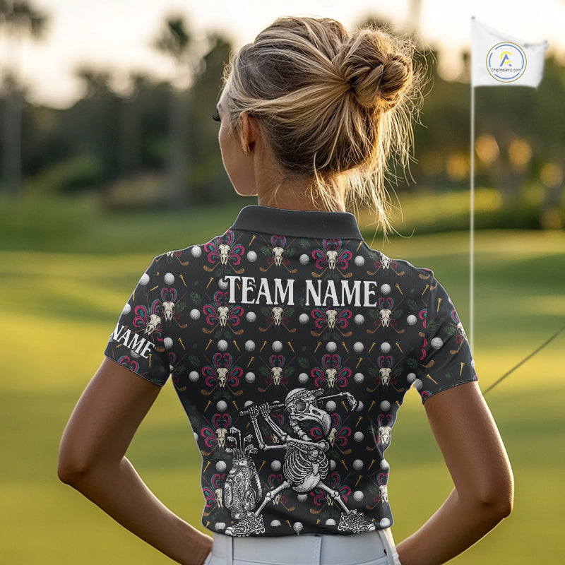 Dark Skull Golf Polo Shirt – Gothic Skeleton Flamingo Pattern Funny Golf Shirt For Womens NHT781