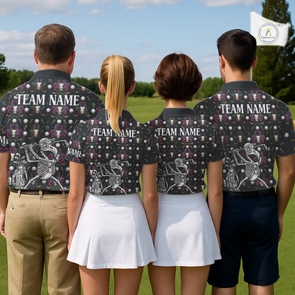 Dark Skull Golf Polo Shirt – Gothic Skeleton Flamingo Pattern Funny Golf Shirt For Womens NHT781