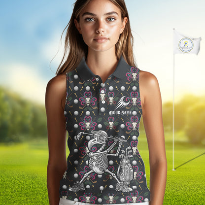Dark Skull Sleeveless Womens Golf Polo Shirt – Gothic Skeleton Flamingo Pattern Funny Golf Shirt For Women NHT781