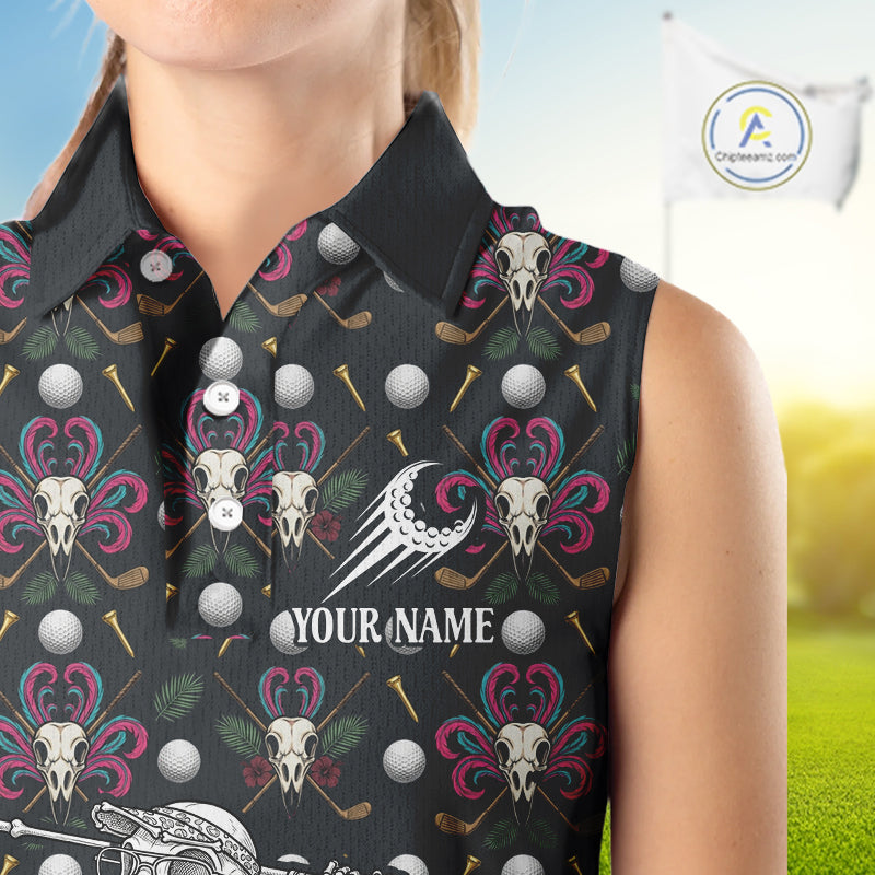 Dark Skull Sleeveless Womens Golf Polo Shirt – Gothic Skeleton Flamingo Pattern Funny Golf Shirt For Women NHT781