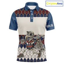Load image into Gallery viewer, Custom Blue Red Argyle Mens Golf Polo Shirt Skull Flamingo Design, Personalized Team Name Shirt NHT794