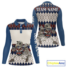 Load image into Gallery viewer, Custom Blue Red Argyle Womens Golf Polo Shirt Skull Flamingo Design, Personalized Team Name Shirt NHT794