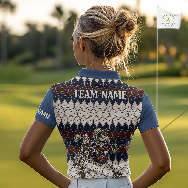 Custom Blue Red Argyle Womens Golf Polo Shirt Skull Flamingo Design, Personalized Team Name Shirt NHT794