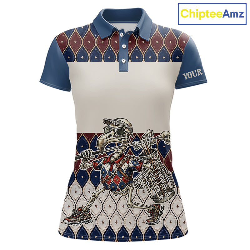 Custom Blue Red Argyle Womens Golf Polo Shirt Skull Flamingo Design, Personalized Team Name Shirt NHT794
