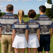 Load image into Gallery viewer, Custom Blue Red Argyle Mens Golf Polo Shirt Skull Flamingo Design, Personalized Team Name Shirt NHT794