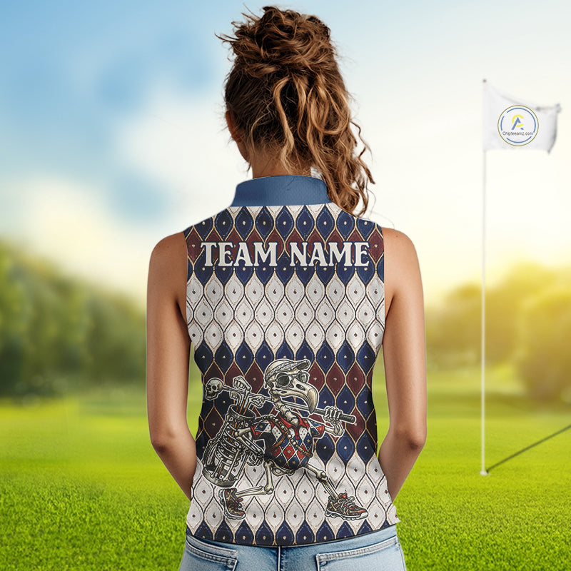 Custom Blue Red Argyle Sleeveless Womens Golf Polo Shirt Skull Flamingo Design, Personalized Team Name Shirt NHT794