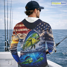 Load image into Gallery viewer, Personalized Dolphin Fish Patriotics Jersey Mahi Mahi Long Sleeve Hooded Fishing Shirt Apparel 