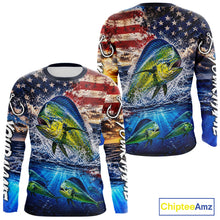 Load image into Gallery viewer, Personalized Dolphin Fish Patriotics Jersey Mahi Mahi Long Sleeve Fishing Shirt Apparel 