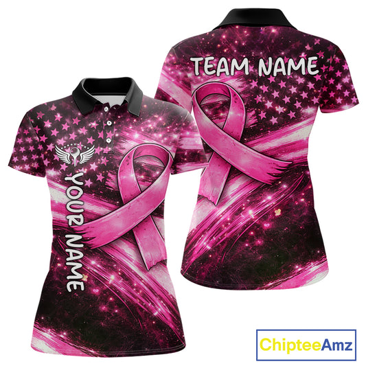 Personalized Breast Cancer Awareness Polo Shirt American Flag Pink Ribbon – Golf Gift For Women NHT799