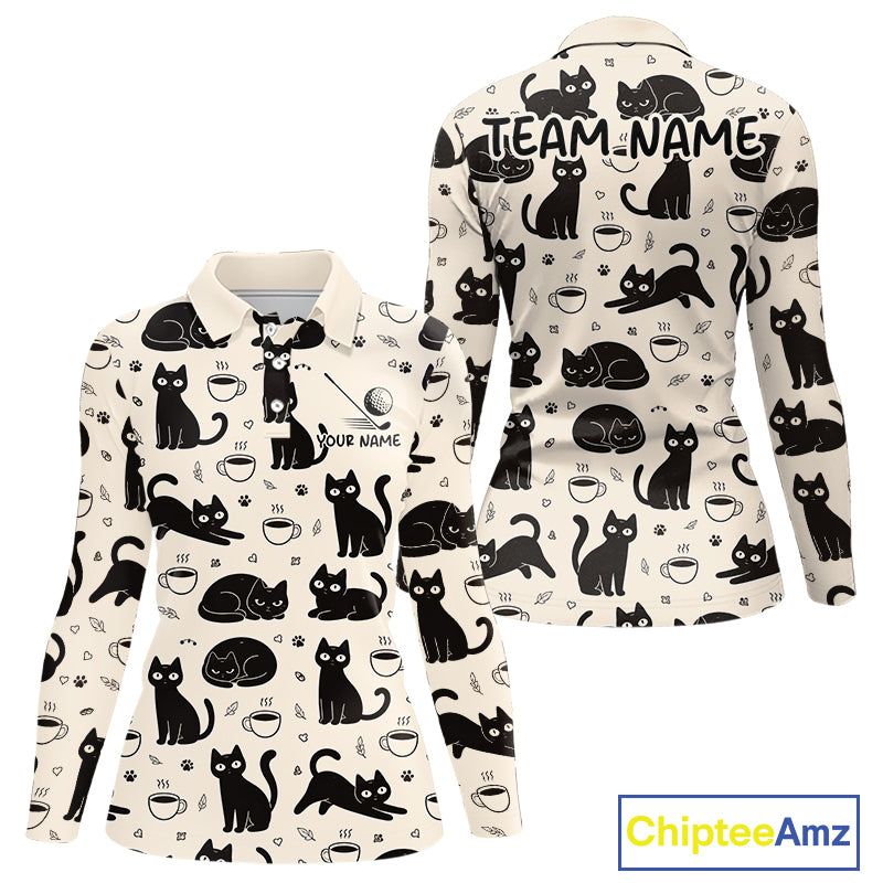 Personalized Black Cat Lover Golf Polo Shirt – Custom Name Cute Cat Pattern Shirt For Women NHT801