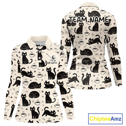 Personalized Black Cat Lover Golf Polo Shirt – Custom Name Cute Cat Pattern Shirt For Women NHT801