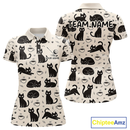 Personalized Black Cat Lover Golf Polo Shirt – Custom Name Cute Cat Pattern Shirt For Women NHT801