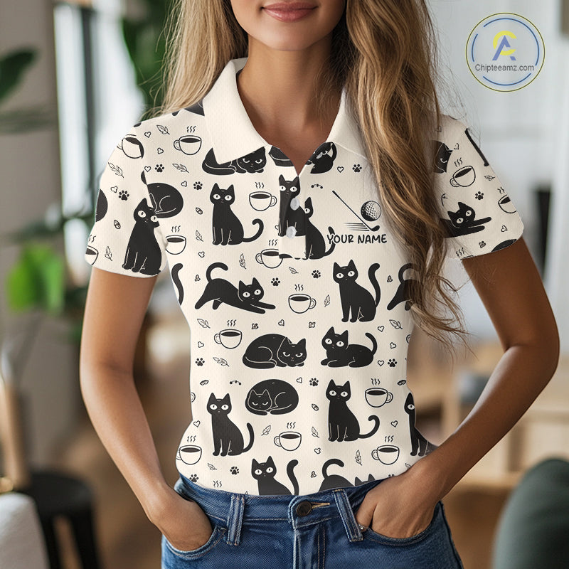 Personalized Black Cat Lover Golf Polo Shirt – Custom Name Cute Cat Pattern Shirt For Women NHT801
