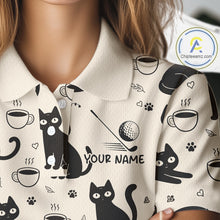 Load image into Gallery viewer, Personalized Black Cat Lover Golf Polo Shirt – Custom Name Cute Cat Pattern Shirt For Women NHT801